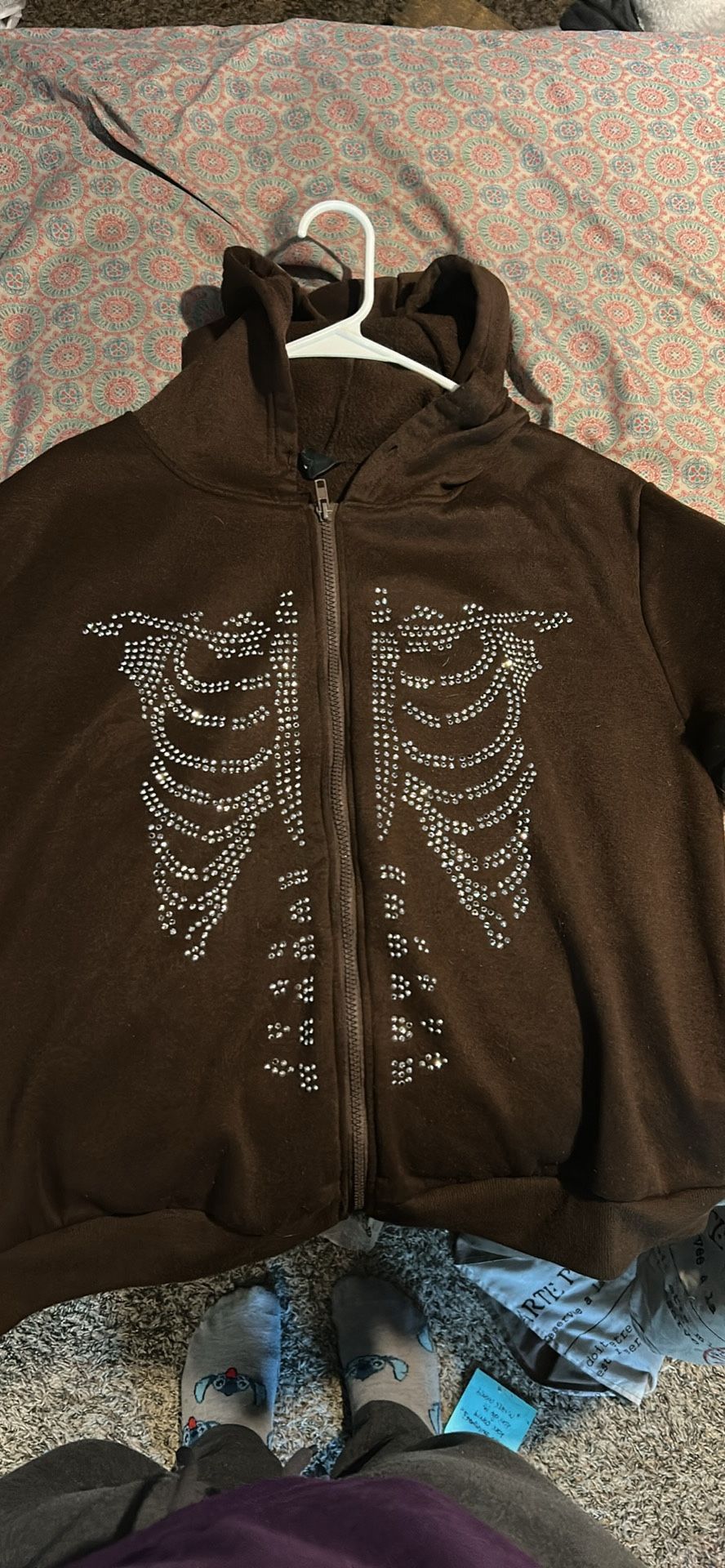 Brown Rhinestone Skeleton Zip-Up Jacket Size XL