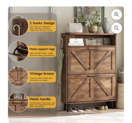 Veanerwood Farmhouse Freestanding Shoe Cabinet with 2 Flip Drawers for Entryway, Brown