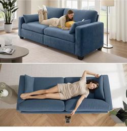 Loveseat Sofa for Living Room, Removable Cover, Spring Cushions, Solid Wood Frame, Wide Armrest, Chenille Fabric Recliner Couches for Small Space (Blu