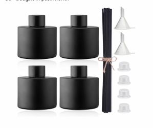 4PCS 100ML Glass Diffuser Bottles Black, Refillable Empty Perfume Fragrance Reed Bottles with 20pcs Reeds Sticks & Caps & Funnel, Diffuser Jars for DI