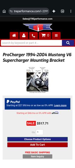 Supercharger mounting bracket for 94-04 Ford Mustang V6. Fits ProCharger systems.
