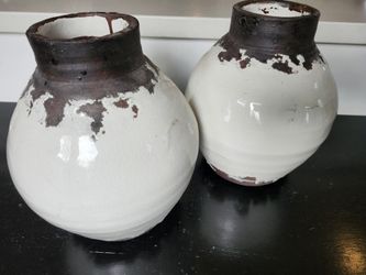 Studio Pottery Vases, Pair - White Crackle Glaze, Dark Clay Necks, Nepal, 8"H