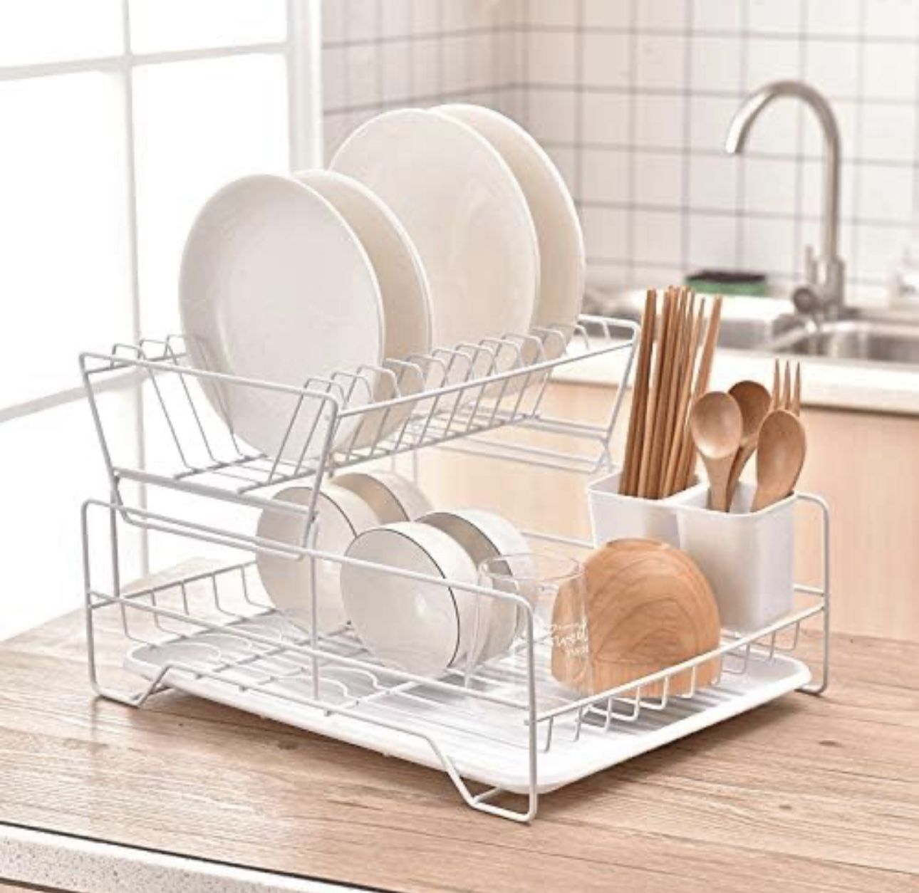 Draining Rack Double Rows Dishes Drying Rack with Drain Board for Kitchen Counter Dishes Rack Drainage Rack