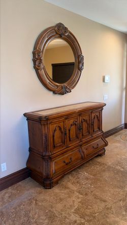 Wood Cabinet with Stone Top and Mirror