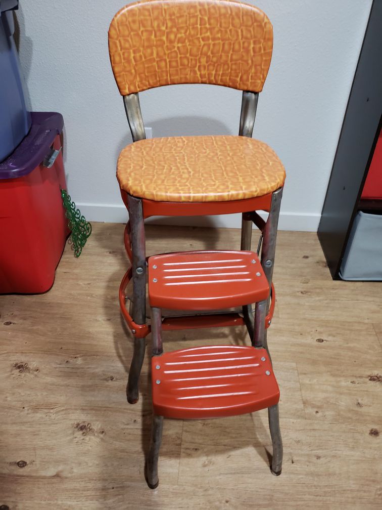 ALL OFFERS CONSIDERED Retro Kitchen Step Stool Chair Reupholstered Orange