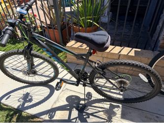 A blue and purple adult bike. A black and green adult bike.