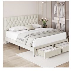 Full Size Bed Frame with 2 Storage Drawers, Upholstered Platform Bed Frame