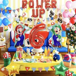 New 12 PCS Super Birthday Balloons Brothers theme Birthday Decoration with POWER UP Letter Balloons For 6th Birthday Party (Red-6th) 