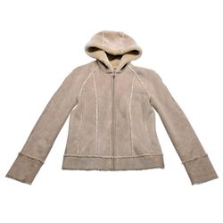Mudd Vintage Faux Suede Shearling Hooded Jacket Full Zip Beige Small