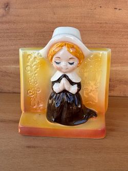 Near Mint Vintage Relpo Pilgrim Thanksgiving Planter Vase, Ceramic Praying Lady, 1960s Mid Century
