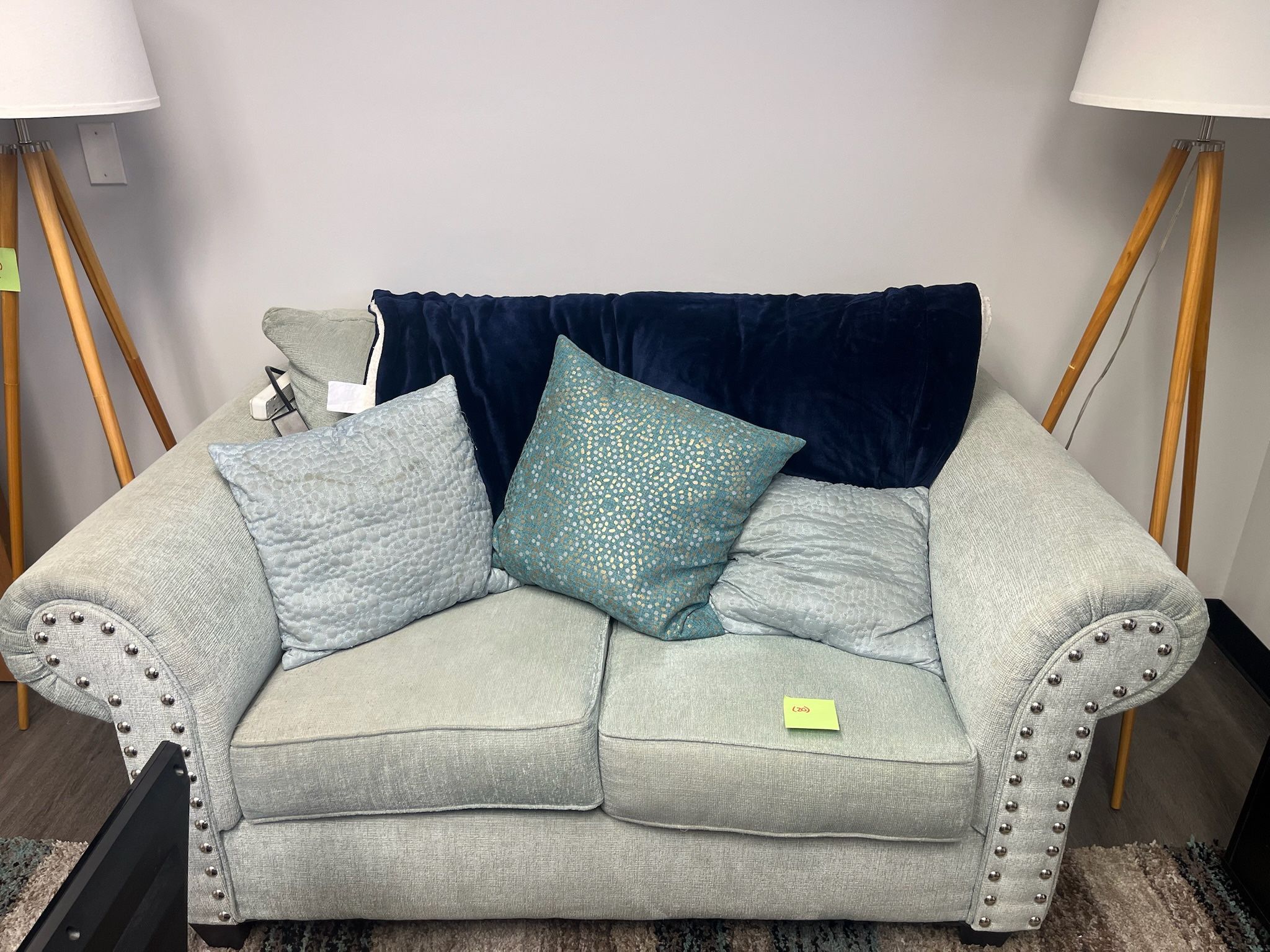 Light Blue Upholstered Loveseat with Nailhead Trim
