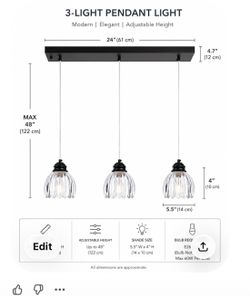 3-Light Black Pendant Light Fixture for Kitchen Island,Hanging Pendant Lighting with Clear Tulip Glass Shade,Dining Room Pendant Light Over Table,Kitc