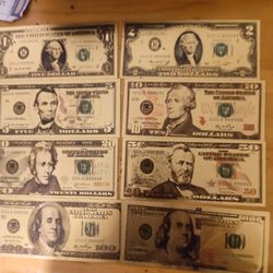 8 ,  24 Kt. Gold Foil Bills $1 To $50 Plus 2 $100
