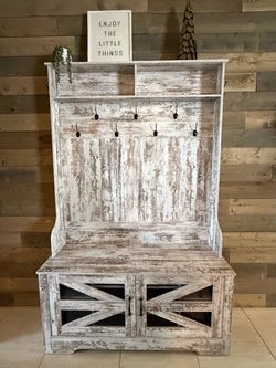 Distressed white Hall tree with Shoe Storage Bench