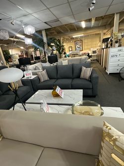 Brand New Dark Gray Fabric Sofa and Loveseat with Accent Pillows