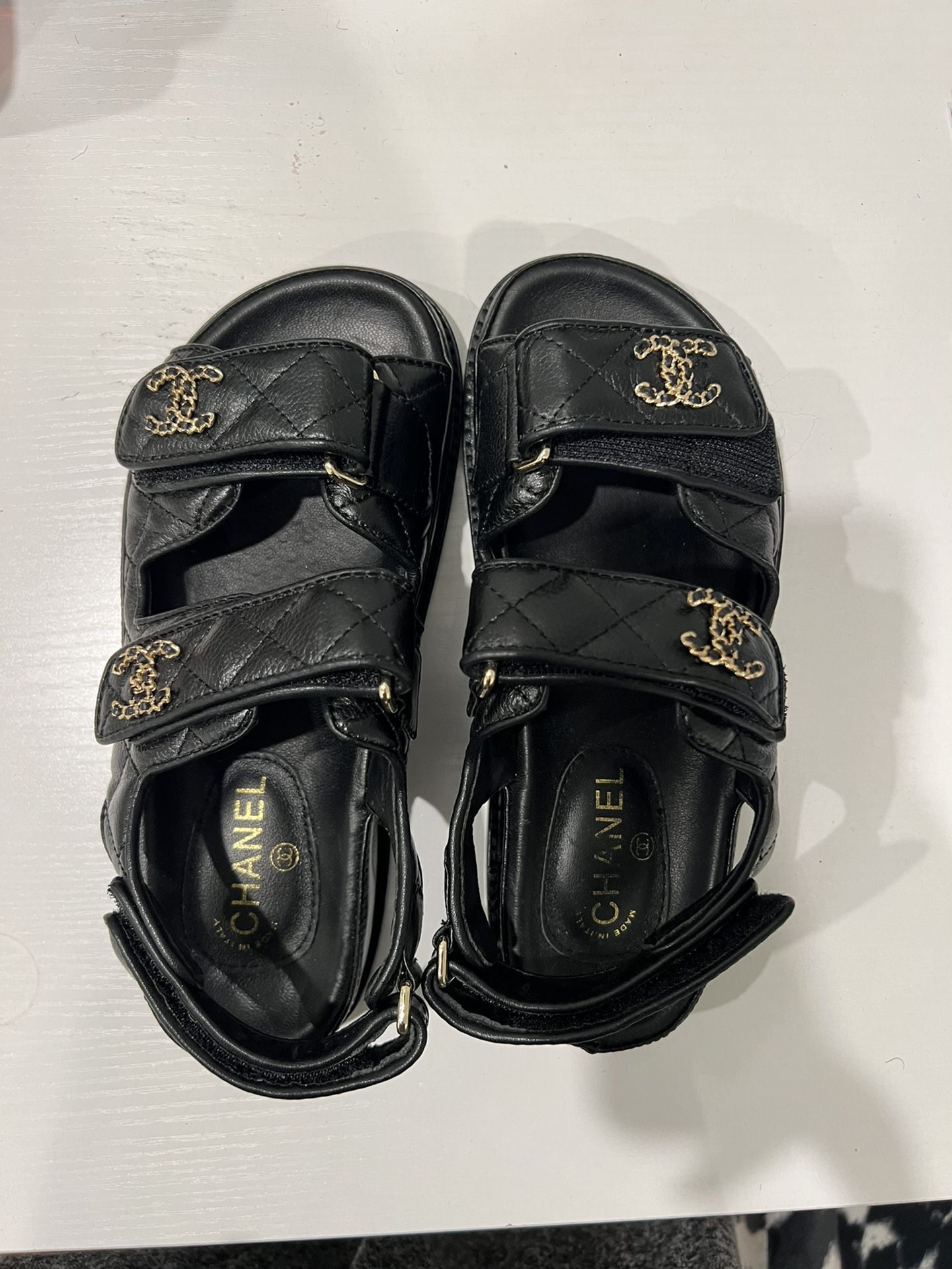 CHANEL, Shoes, Chanel White Black Dad Sandals Leather Cc Logo Open Toe  Flats Authentic