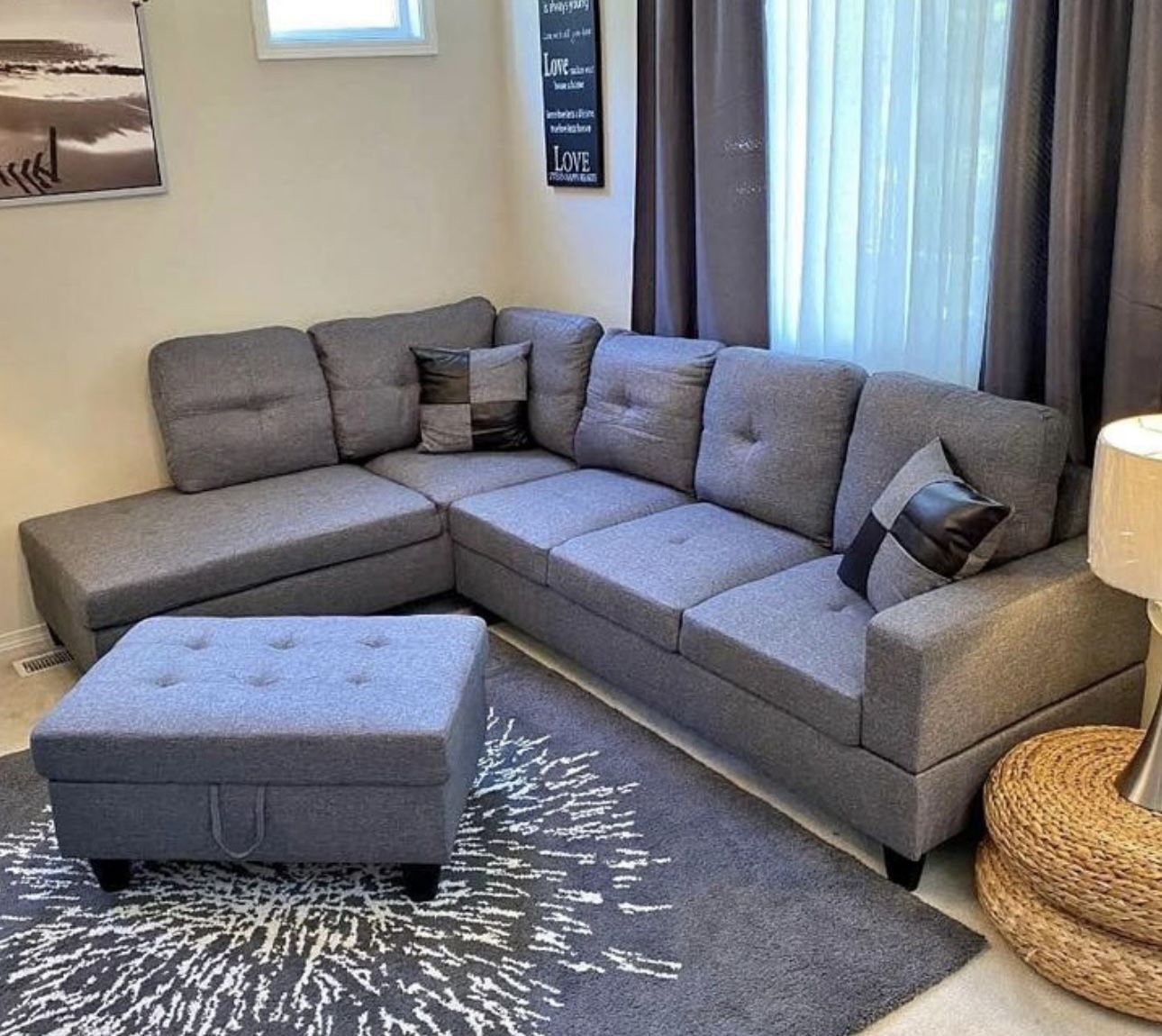 Gray Linen Sectional Couch And Ottoman
