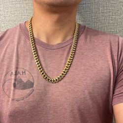 Mens Heavy Miami Cuban Link Chain Choker 14k Gold Plated Hip Hop Thick Stainless Steel 