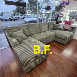 ♻️ Sectional Sofa Bed with Double Chaise, Gray Color, Corduroy Fabric, New in the Box.