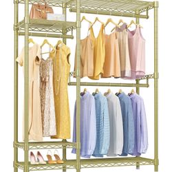 Heavy Duty Clothes Rack 4 Tiers Wire Shelving Garment Racks with 3 Hanging Rods Compact Freestanding Closet Metal Closet Rack, Gold