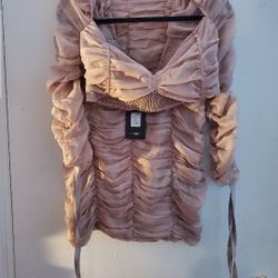 PLT Beige Ruched Slinky Dress 2 pieces skirt and shirt