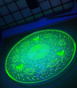 Vintage Uranium Glass 3 Legged Cake Plate Marked