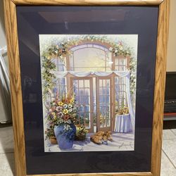 Andres Orpinas ‘Cat French Door Atrium Kitty ll — Framed Art Print 32” x 25” Glass and Smooth Wooden Frame