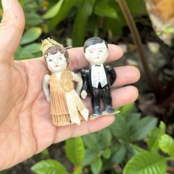 Vintage Bisque Japan Baby Doll Bride Groom With Jointed Arms 4" Tall