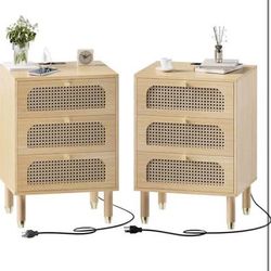Rattan Nightstands Set of 2 with Charging Station