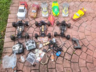 RC Car Lot with Chassis, Bodies, and Controllers