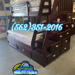 Complete Triple Bunk Bed Set With 8 Storage Drawers & Stair Case Mattresses Included