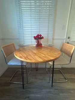 Handcrafted Round Wood Table and 2 Cesca Style Boucle Chairs