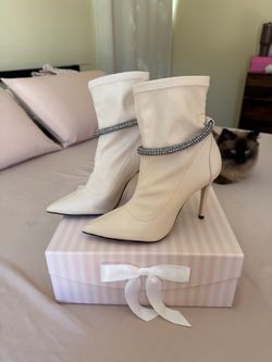 Arezzo Cream Stiletto Ankle Boots with Crystal Strap