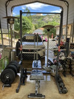 Home Gym Set-up (weights, Bumper Plates, Bench, Squat Rack)