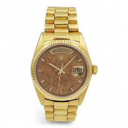 Men's Rolex 36mm Presidential Day-Date 18K Yellow Gold Watch with Walnut Wood Dial and Fluted Bezel. (Pre-Owned 18038)