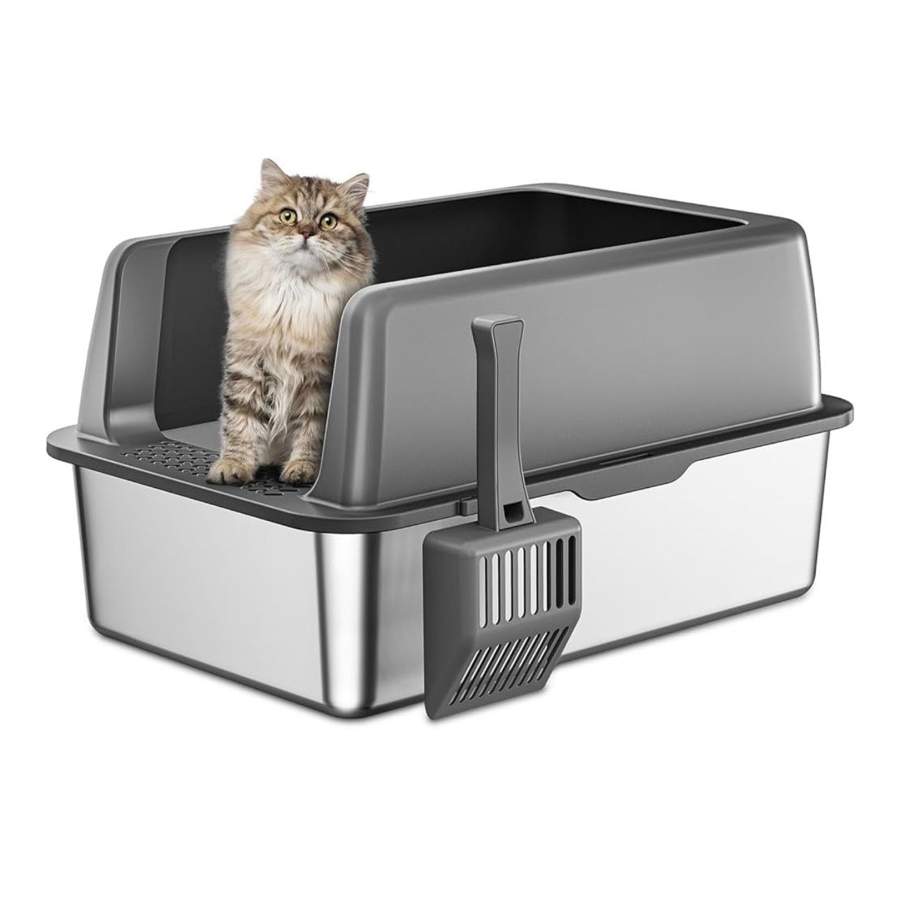 Stainless Steel Litter Box with Lid, Extra Large Cat Litter Boxes, XL Large Metal Litter Box for Big Cats with High Sided, Grey (Non-Sticky, Easy to C