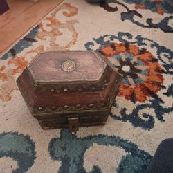 Antique Wood Box With Brass Decoration 