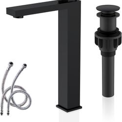 KENES Matte Black Bathroom Faucet Single Handle Tall Vessel Sink Faucet Vanity Bathroom Faucet Basin Mixer Tap with Water Supply Hose and Pop Up Sink 
