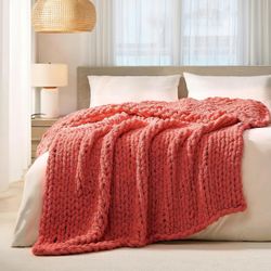 L'AGRATY Chunky Knit Blanket Throw: 60''x80 Chenille Chunky Knitted  Coral Pink