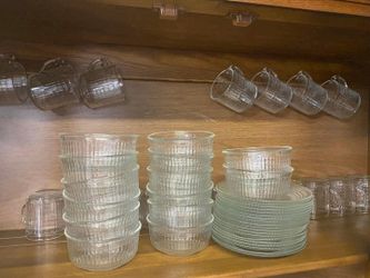 Vintage Pressed Textured Mexico Glass 11 mugs, 14 bowls and 11 dessert plates