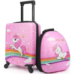 Kids Suitcase for girls, 16" Hardside Unicorn Kids Luggage Set with Spinner Wheels and Backpack,