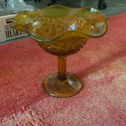 Vintage Marigold Amber Pedestal Compote/candy Bowl Star Design
