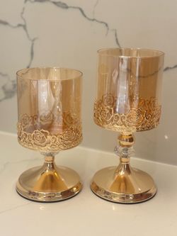 Gold Rose Hurricane Candle Holders Set of 2