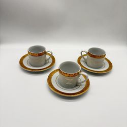 Royal Line Fine Porcelain Demitasse Cups & Saucers – White & Gold Trim, Set of 3