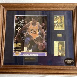 Vintage Magic Johnson Collectors Framed Piece. Autographed Picture, 2 Cards & Lakers Pin