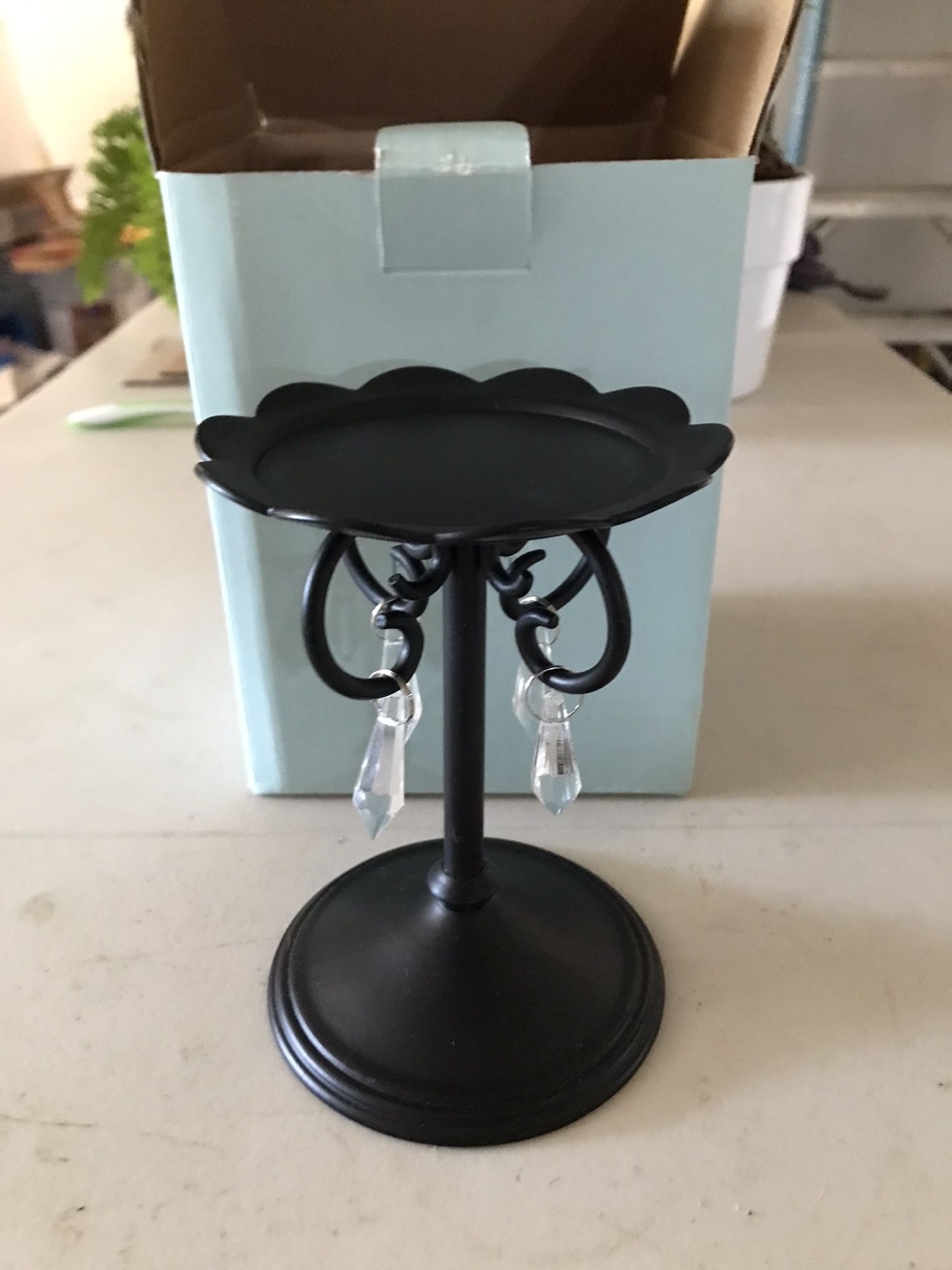 New In Box PartyLite Black Mettle Pillar Candle Holder 6” With Crystals