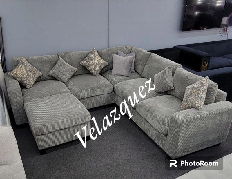 ✅️✅️ 4pc for grey corduroy fabric upholstered sectional sofa with ottoman ✅️✅️