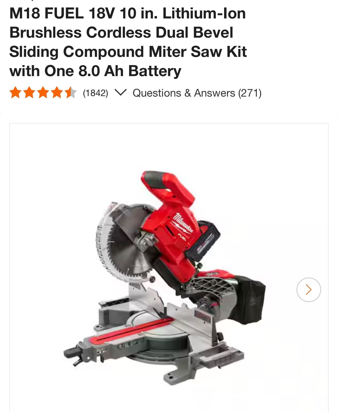 M18 FUEL 18V 10 in. Lithium-Ion Brushless Cordless Dual Bevel Sliding Compound Miter Saw Kit with One 8.0 Ah Battery $580
