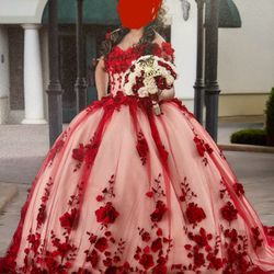 Quinceanera Dress “15 Year” Red Floral-  Size XS 