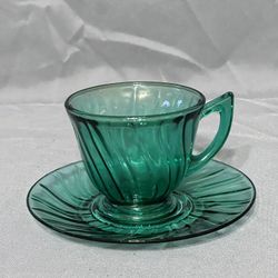Vintage Jeannette Glass Ultramarine Swirl Cup & Saucer